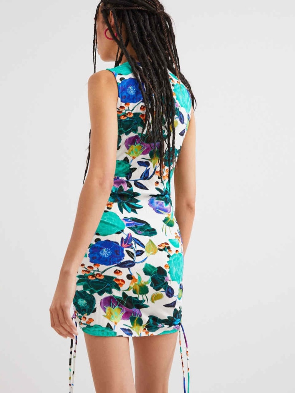 Desigual Floral Ribbed Knit Sleeveless Mini Dress S Side Ruching Bodycon Stretch - Picture 4 of 15